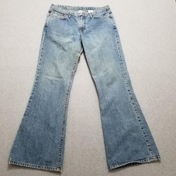 VINTAGE Lucky Brand Jeans Womens 14‎ Blue Denim Flared Dungarees 33x31 Made USA - Picture 1 of 12